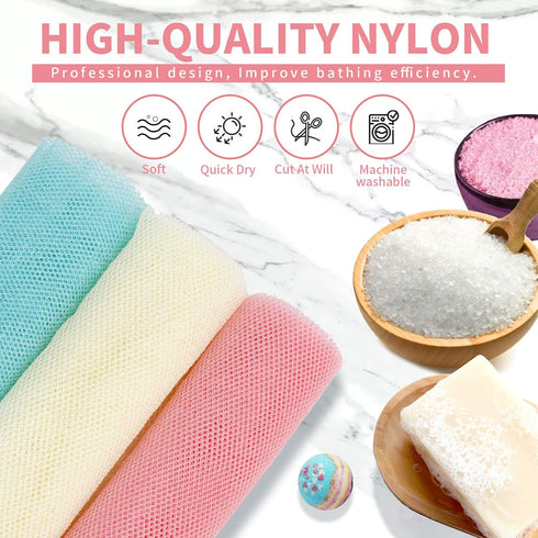 African Bath Sponge, Long Net Bath Sponge, Exfoliating Wash Net, Shower Body Scrubber (3pcs Pink, Beige, Green)