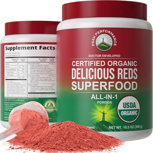 Peak Performance Organic Reds Superfood Powder, Best Tasting Organic Red Juice Super Food with 25+ All Natural
