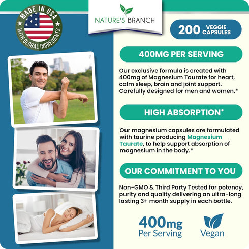 Magnesium Taurate 400mg - 200 Capsules - High Absorption for Sleep, Heart Health, Calm, Joint Supplement for Women and Men - Made in USA, Pure Elemental Mag Powder Plus Taurine - Extra Strength Pills