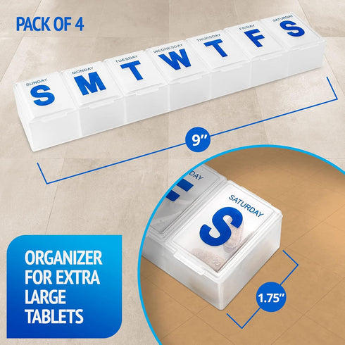Weekly Pill Organizer - 7-Day Extra Large Pill Planner and Daily Medicine Reminder, BPA Free Travel Pill Box (Pack of 4)