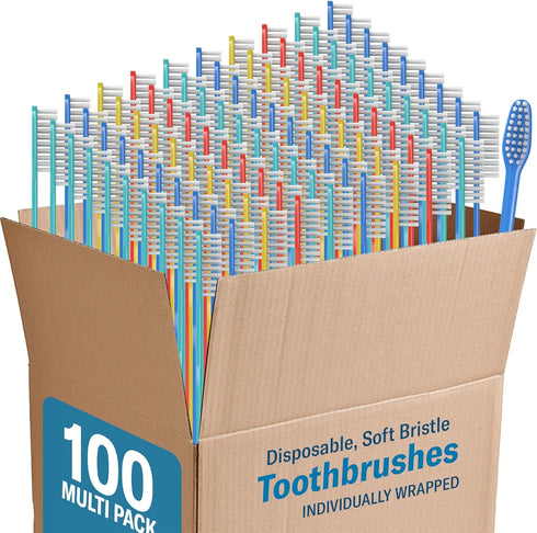 100 Pack Disposable Medium Soft Bristles Bulk Toothbrushes, Individually Wrapped