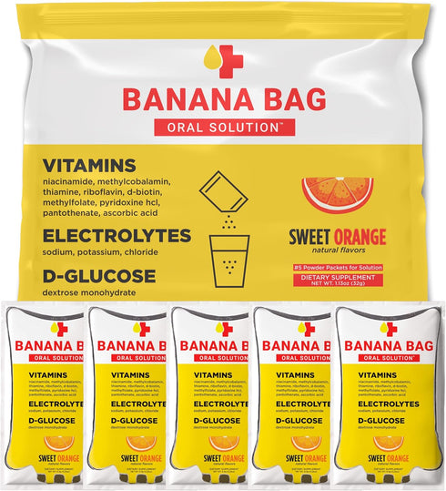 Banana Bag Oral Solution, Sweet Orange (5-Pack), Pharmacist Formulated Electrolyte Vitamin Recovery Drink