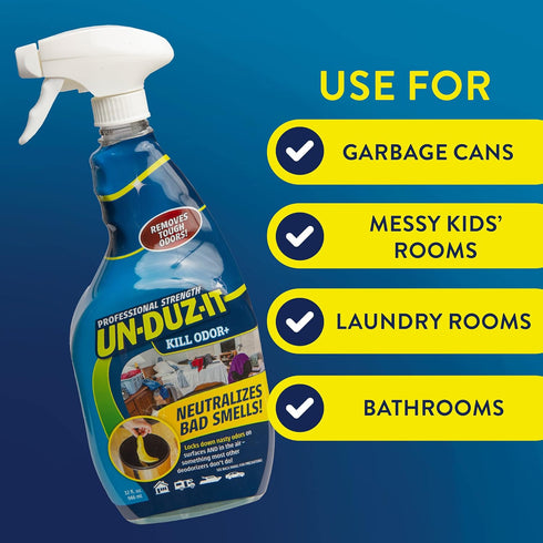 Un-Duz-It Kill Odor+ Deodorizer Spray, Odor Eliminator for Carpet, Upholstery and Hard Surfaces, 32 Fl Oz Spray Bottle