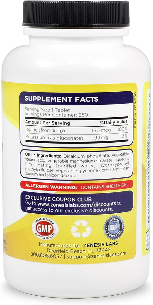 Potassium Gluconate 99mg + 150mcg Iodine from Kelp, Bulk (250 Tablets/Bottle)