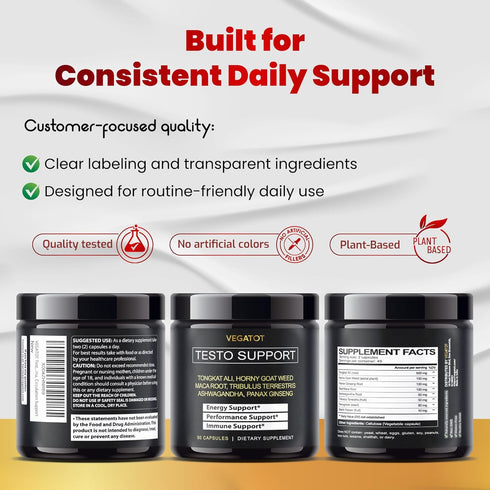 VEGATOT Testo Support - Boost Performance with Tongkat Ali, Panax Ginseng, Maca Root, Ashwagandha, Tribulus - Energy