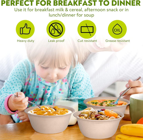 10 Oz Bamboo Disposable Bowls, 100 Pack Heavy Duty Soup Bowls, Microwavable, Eco-Friendly, Leak-Proof