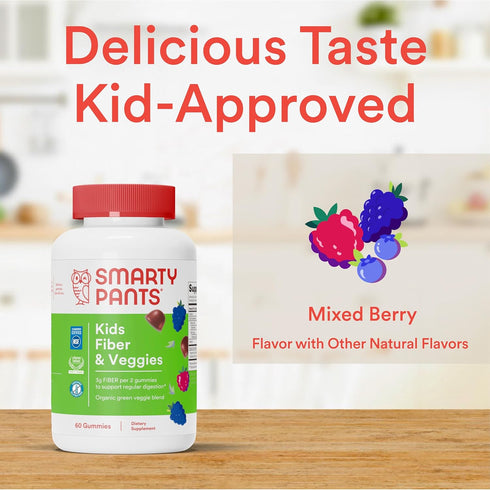 SmartyPants Kids Fiber & Veggies - 60 Count, Prebiotic Fiber Gummies, Vegan, Gluten Free, Mixed Berry Flavor