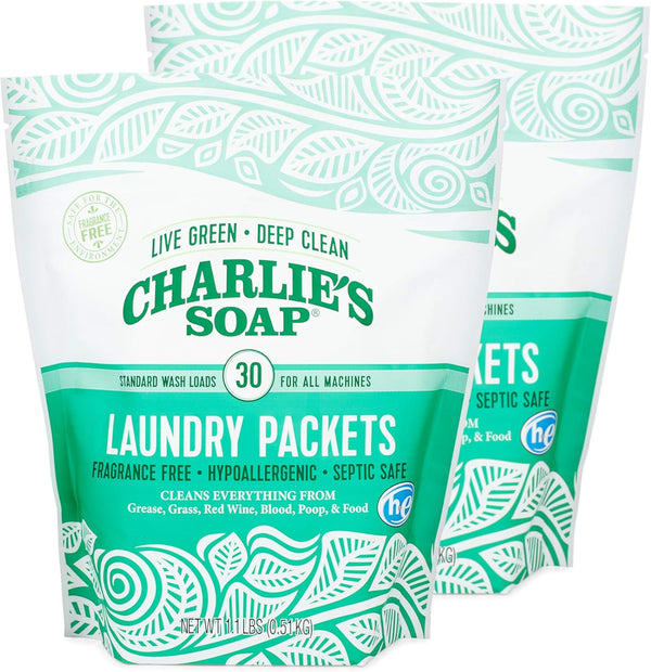 Charlie's Soap - Unscented Powdered Laundry Packets 30 Count (2 Pack 60