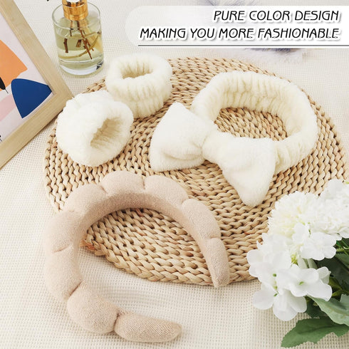 4Pcs Spa Headband Set for Women, Soft Terry Cloth Makeup Skincare Bubble Headband, Non Slip Hair Accessory Beige