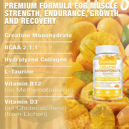 Creatine Monohydrate with Vitamin D3 & B12 | Sugar Free Hydrolyzed Collagen Gummies for Muscle Strength