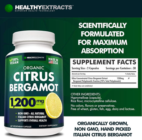 Healthy Extracts 150:1 1200mg 70% 60 Count, 1 Citrus Bergamot Supplement Extract, per Serving, Polyphenols, Italian