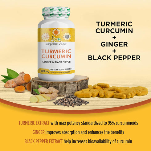 Organic Veda Turmeric and Ginger Capsules, 120 Pills for Joint Support, Non-GMO, Gluten Free Supplement