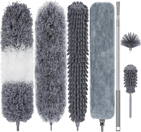 7Pcs Microfiber Duster with Extension Pole Up to 100 Inches, Machine Washable Ceiling Fan Cleaner for Cobwebs