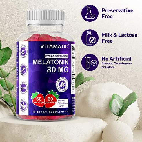 Vitamatic Sugar Free Melatonin 30mg per gummy, 60 Vegetarian Gummies, Non-Habit Forming Supplement