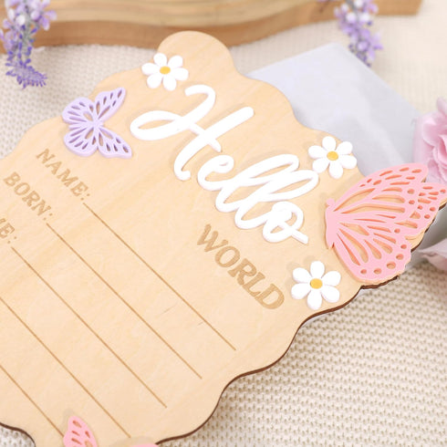 TERJIO Butterfly Daisy Hello Worid Board - Little Butterfly Birth Announcement Sign, Wooden Hello World Card