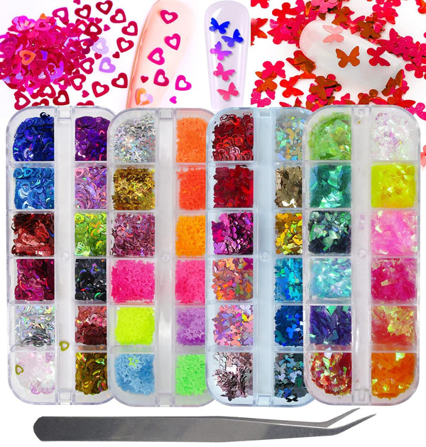 LoveOurHome Nail Glitters Sequins Set, Mixed Shaped Holographic Glitter Flakes for Makeup Crafts and Nail Decorations