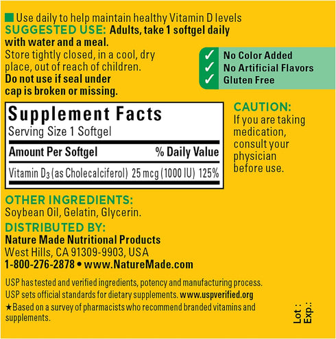 Nature Made Vitamin D3 1000 IU (25 mcg), 100 Softgels, Dietary Supplement for Bone, Teeth, Muscle & Immune Health