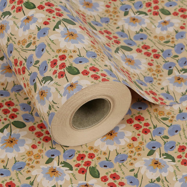 Aimyoo Watercolor Floral Kraft Wrapping Paper Roll, Vintage Flower Gift Wrap for Wedding Birthday, 17 inch x 60 ft