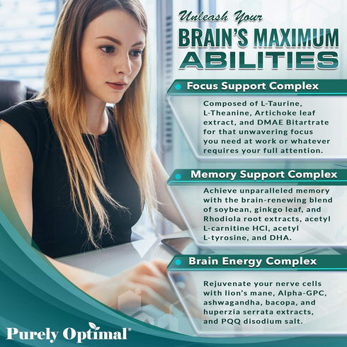 Premium Brain Supplement, Nootropic Brain Booster for Focus, Clarity, Memory, 60 Caps