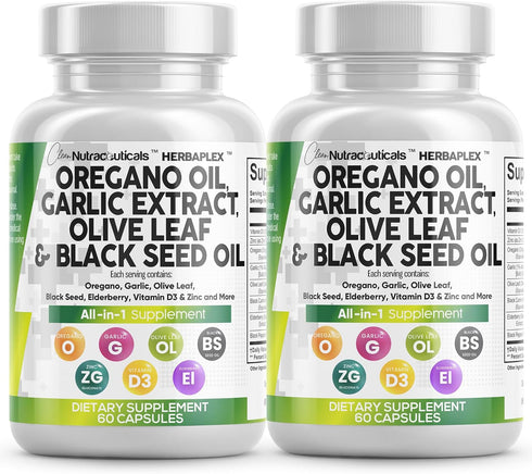 Clean Nutraceuticals Oregano Oil Garlic Extract Olive Leaf Black Seed Oil -