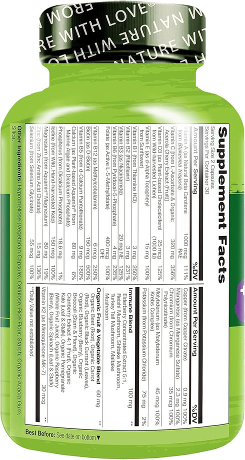 NATURELO Whole Food Multivitamin + Immune Blend with Elderberry & Mushrooms, 60 Vegan Capsules