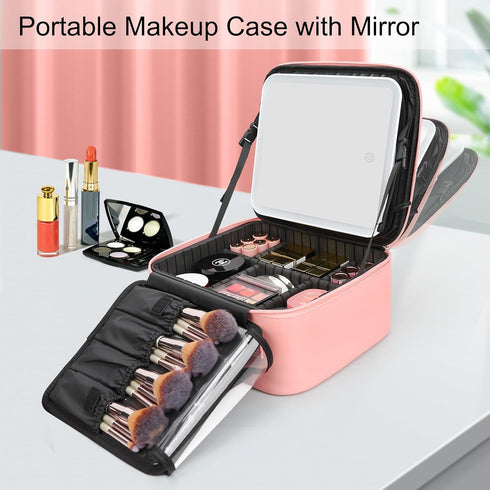 Relavel Travel Makeup Bag with LED Mirror, Waterproof Cosmetic Train Case with Adjustable Brightness, Pink