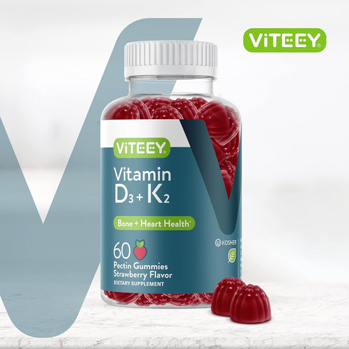 Vitamin D3 K2 Gummies - 1000 IU Vitamin D3 and K2 100mcg - Bone & Heart Health for Adults and Teens - Vegetarian, Gelatin Free, GMO Free - Tasty Chewable D3 + K2 Strawberry Flavored Gummy