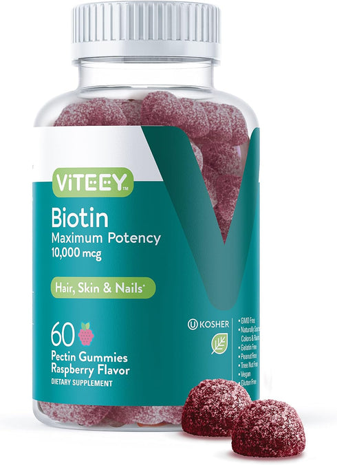 Viteey Biotin Gummies for Hair Growth - 10,000 mcg Vegan, Gluten-Free, Non-GMO - 60 Count for Hair Skin and Nails