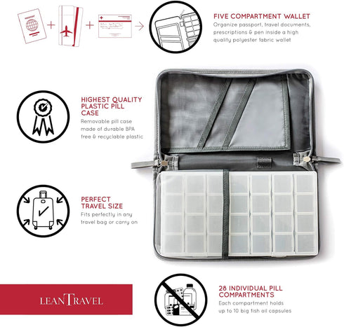LeanTravel Pill Case Organizer for Travel with Passport Wallet, Grey, Extra Large for 7 to 28 Day Travel