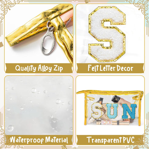 Y1tvei Clear SUN Makeup Bag - Preppy Blue Chenille Varsity Letter Cosmetic Pouch, Waterproof Travel Organizer for Women