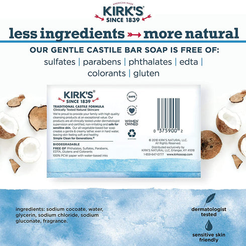 Kirk's Castile Coco Castile Bar Soap, Original, 4 oz, 2 Pack