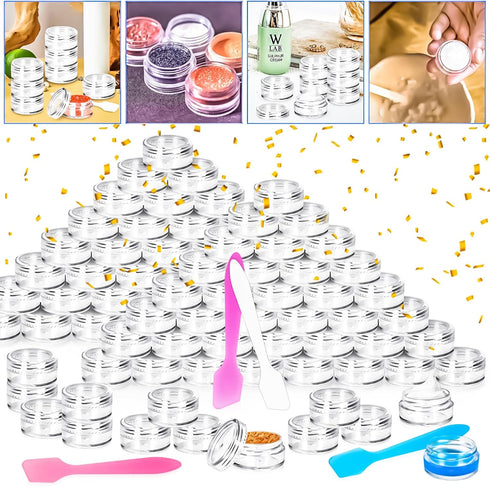 MotBach 100 Pcs 5g Empty Plastic Containers, Mini Makeup Sample Jars with Clear Lids and Mini Spatulas