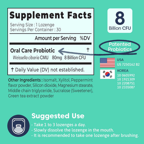 Green Breath Oral Care Probiotics, Dental Probiotic Supplement 8 Billion CFU, Mint Flavor 30 Lozenges 1-PK for Fresh