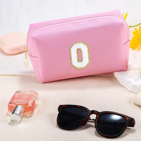 Personalized Initial Makeup Bag, Cute Pink Chenille Letter Cosmetic Pouch, Waterproof Zippered Toiletry Organizer for
