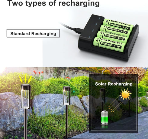 Rechargeable AA Batteries, High Capacity 1.2V Ni-MH Double A Solar Batteries for Outdoor Lights, 12 Pack (AA-1000mAh)