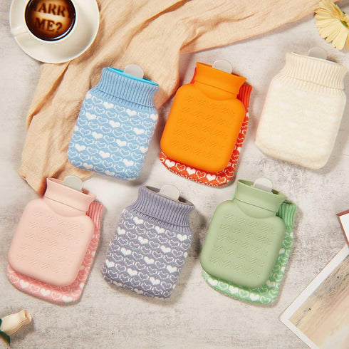 Amylove 3 Pcs Mini Hot Water Bottle - 320ml Silicone with Cover for Travel Pain Relief (Gray, Pink, Green)