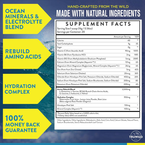 TruWild Natural Hydration Powder, Zero Sugar Vegan Electrolytes + Amino Acids, Post Workout Muscle Support Supplement