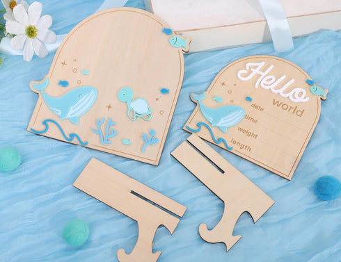 YOUAME Set Birth Announcement Wood Sign Board - Boy Under The Sea Newborn Footprint Milestone, Ocean Theme Hello World