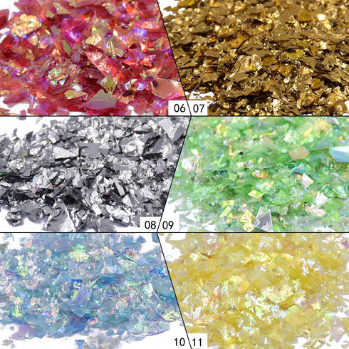Nail Art Glitter Mylar Slices - Irregular Sequins Glass Pieces Foil Flakes Decoration, 12 Colors