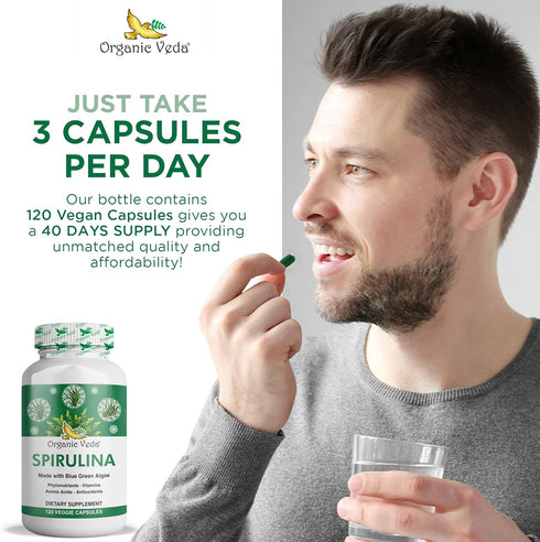 Organic Veda - Spirulina Capsules Made with Blue Green Algae - 120 Veggie Capsules for Immune System Support