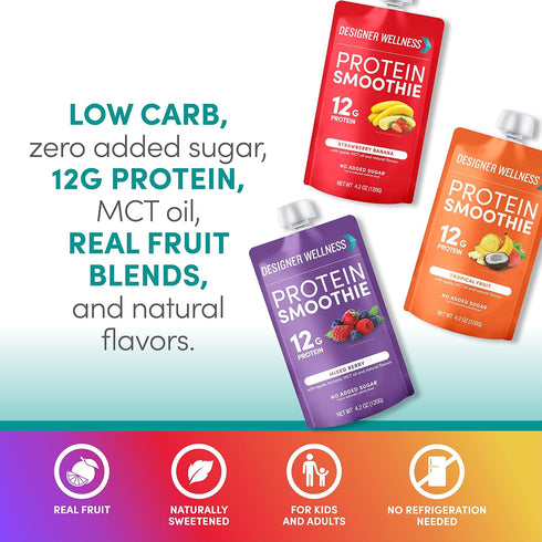 Designer Wellness Protein Smoothie, Real Fruit, 12g Protein, Low Carb, Gluten-Free, Variety Pack, 12 Count