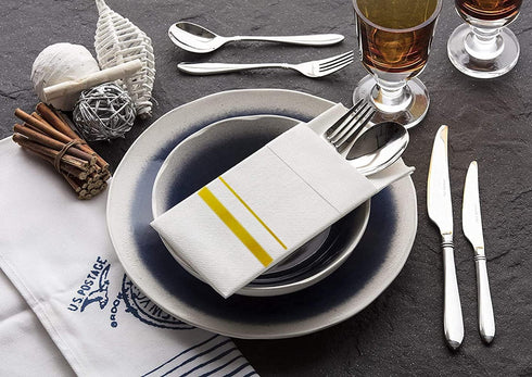 Disposable Dinner Napkins Cloth Like with Built-in Flatware Pocket,Wedding Party Linen Feel White and Golden Napkin, Prefolded for Silverware, 50 Counts by UKEENOR