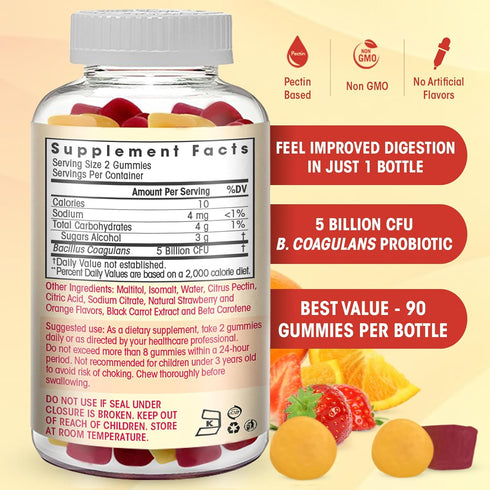 Probiotic Gummies Sugar Free- 5 Billion CFU Reduce Gas, Bloating - Probiotics for Women, Kids and Mens Probiotic- Bacillus Coagulans- Natural, Vegan, Vegetarian, Kosher, Halal –90 Gummy Probiotics