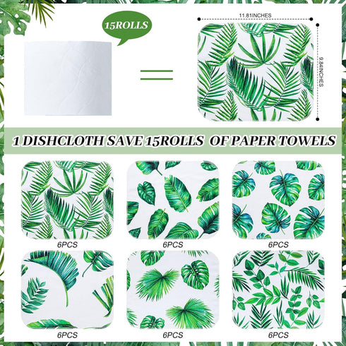 36 Pack Reusable Paper Towels, Washable Paperless Towels, Cotton Cloth Wipes for Bathroom, Green Leaves Style