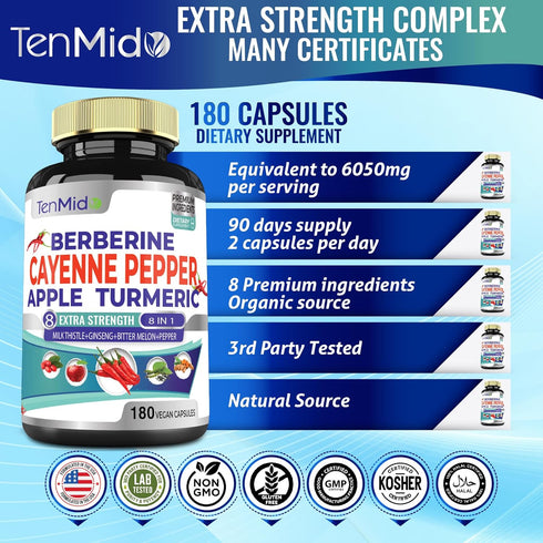Cayenne Pepper Supplements Extract Capsules 6050mg, 180 Capsules & Berberine, Supports Heart Health and Digestive