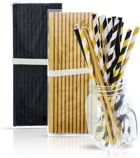 Black and Gold Straws, Biodegradable Disposable Paper Straw Pack for Party Decorations, 125 Count