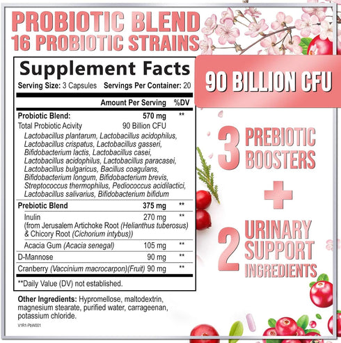 Probiotics for Women with Prebiotics, 90 Billion CFU & 16 Diverse Strains, Cranberry & D-Mannose, Extra Strength Womens Probiotic for Digestive, Vaginal, Urinary & Immune Health Support - 60 Capsules