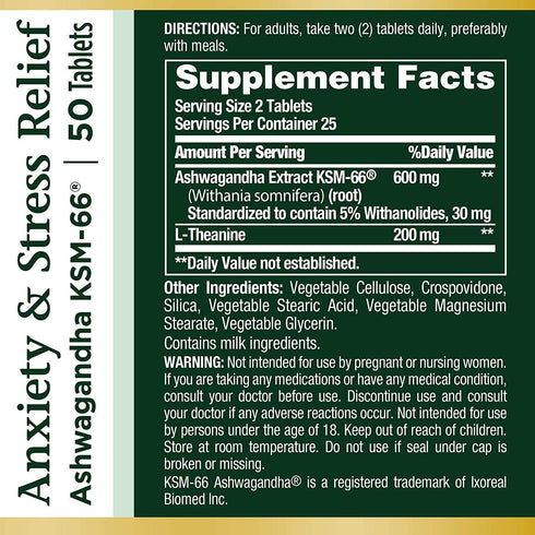 Nature's Bounty Anxiety & Stress Relief Ashwagandha Ksm-66 | 50 Count Tablets