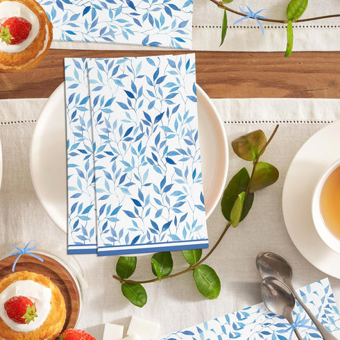 KTHONIOMANTE 200PCS 2 Pack, 4.5x8 Inch Blue & White Guest Paper Napkins, Ply Disposable Paper Blue Leaves Dinner Hand
