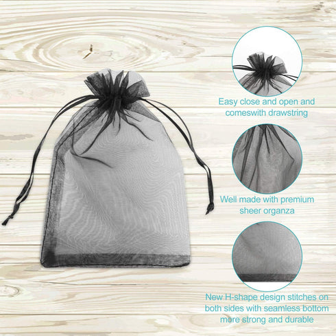 Hopttreely 100PCS 4x6 Sheer Drawstring Gift Bags, Black Organza Pouches for Wedding Party Favors & Jewelry